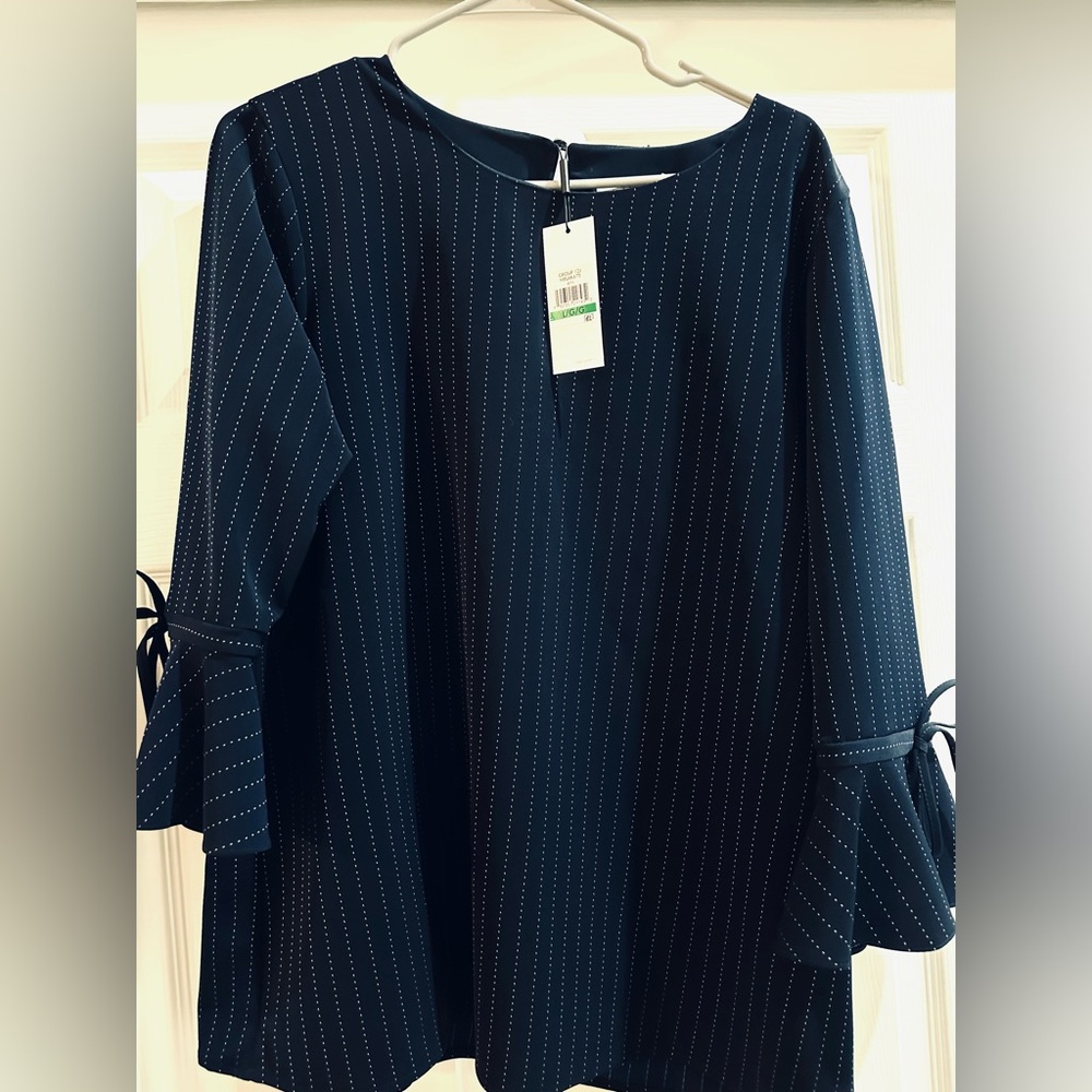 Navy Blue Calvin Klein Tunic Scoop Neck 3/4 Ruffle Sleeve Pinstriped Size L